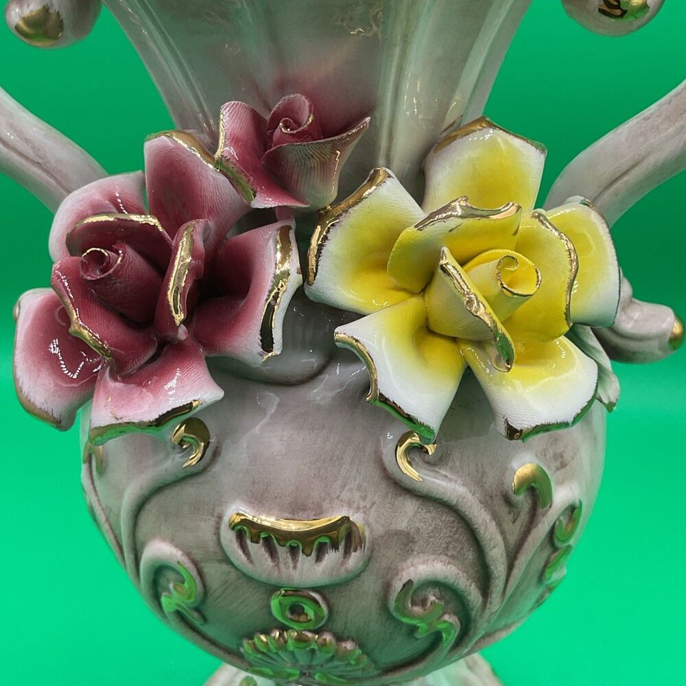 Vintage Porcelain Capodimonie Italian Floral Vase With Three Roses Two Handle - Picture 8 of 17